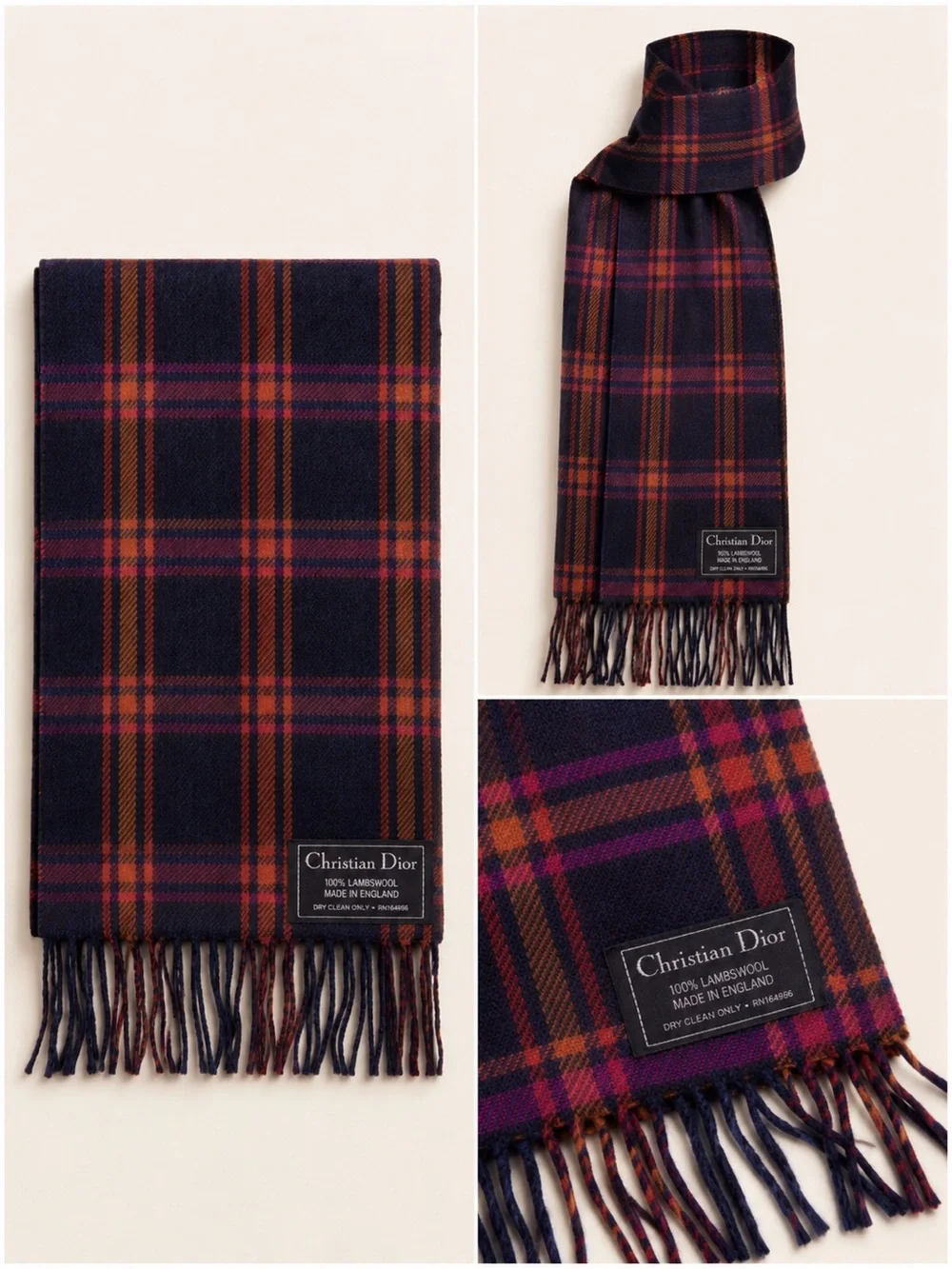 Vintage Christian Dior Lambswool Plaid Scarf